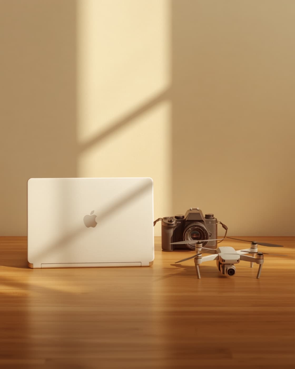 A laptop, camera and drone arranged on a wooden table in morning light