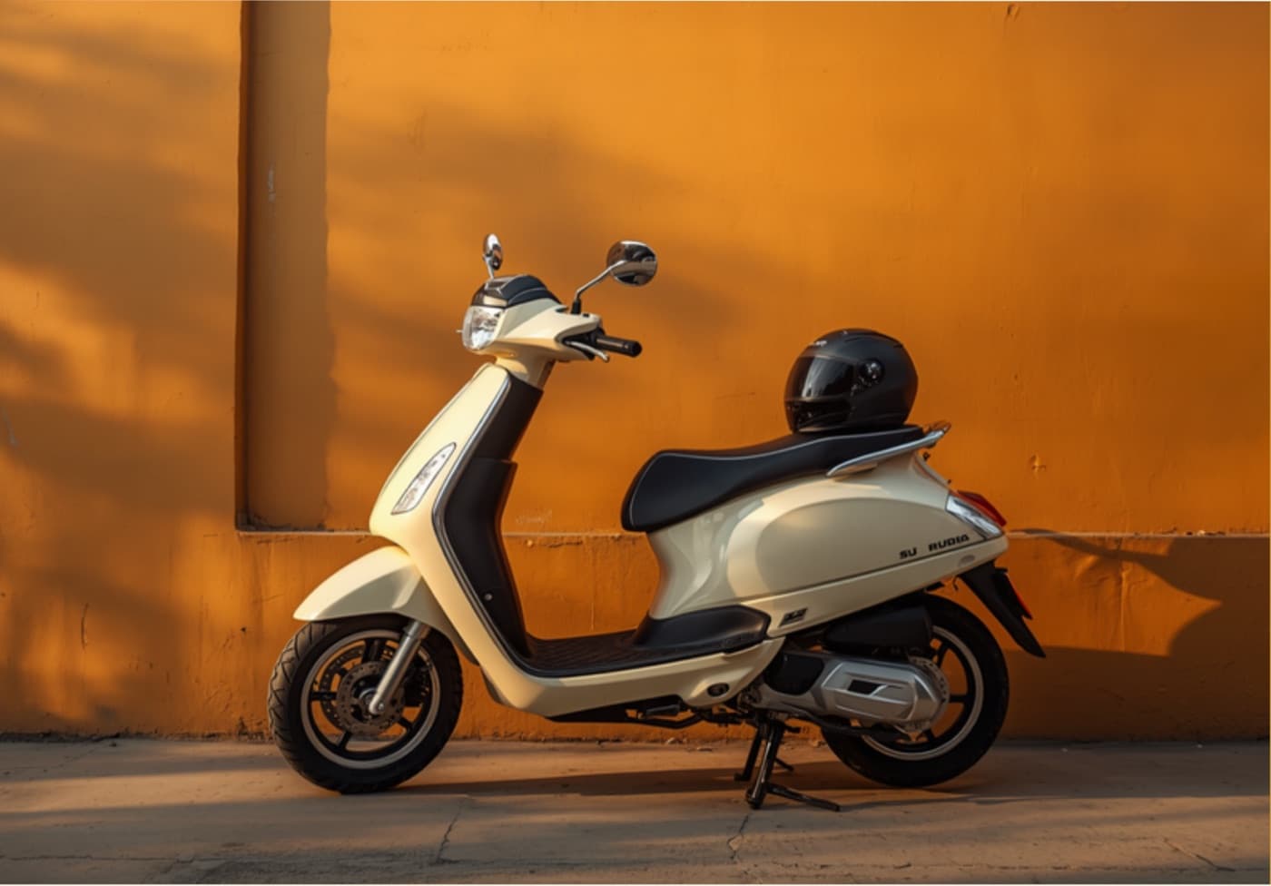 A rental scooter with a helmet on its seat against a warm ochre wall